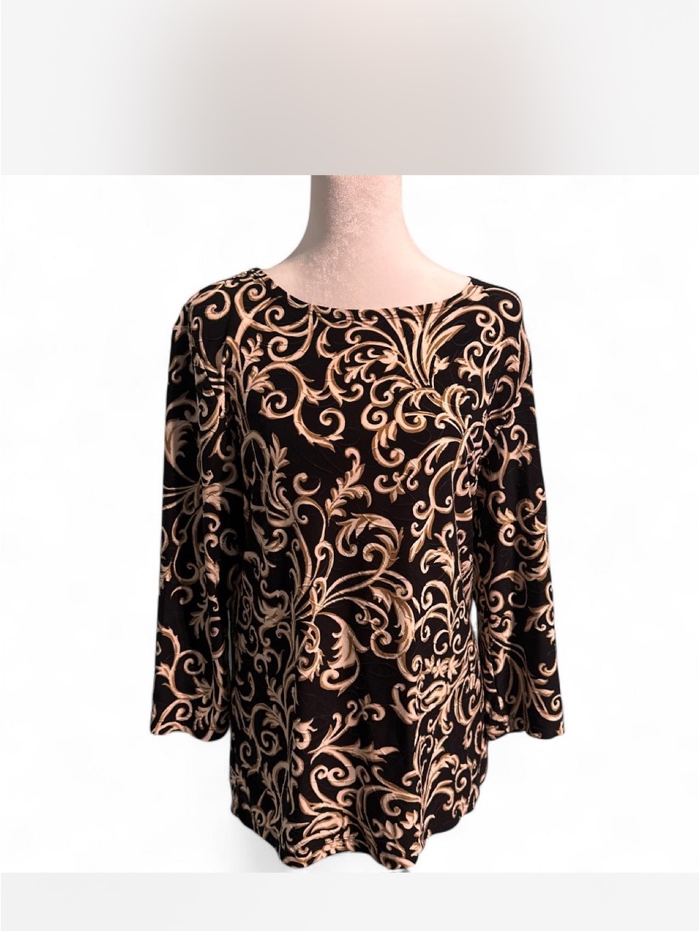 Women’s Black Top with Gold Scroll Print - Elegant Long Sleeve